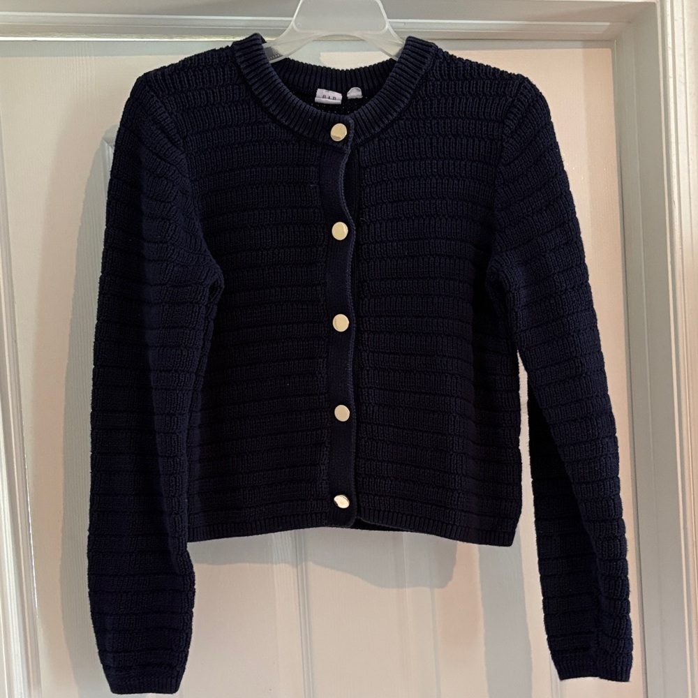 GAP Navy Textured Knit Cardigan with Gold Buttons